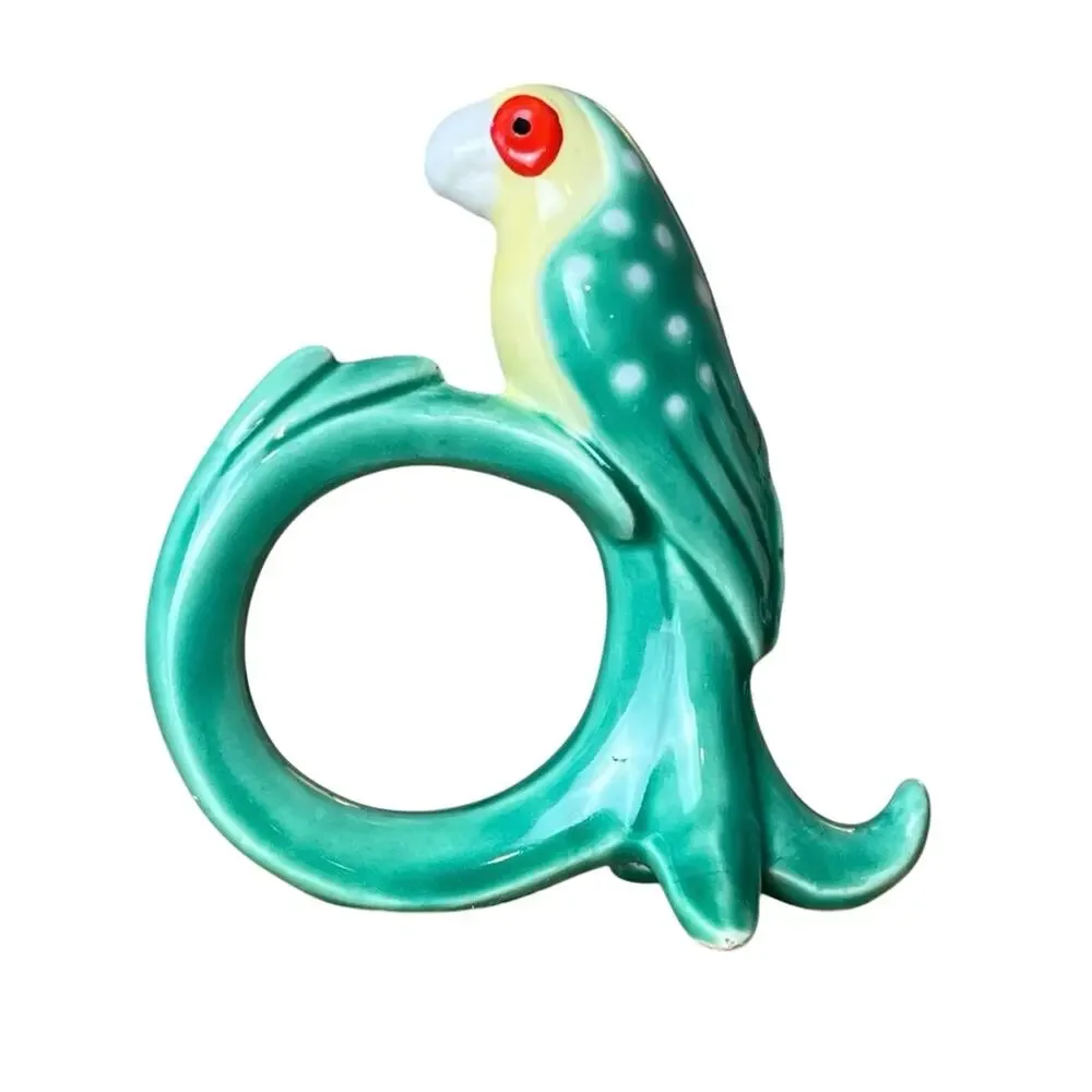 FITZ & FLOYD Vintage Ceramic Parrot Napkin Ring Holder Set Teal Green Bird Decor